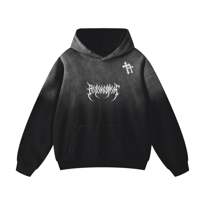 Rising Saint,Black Washed Hoodie,Casual Luxury,Street Wear,Cross Emblem,2025,Oversized,Men's Fashion,Shoulder drop,Gothic Calligraphy