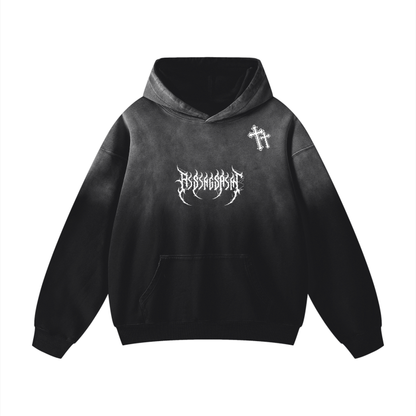 Rising Saint,Black Washed Hoodie,Casual Luxury,Street Wear,Cross Emblem,2025,Oversized,Men's Fashion,Shoulder drop,Gothic Calligraphy